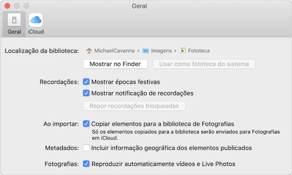 O painel Geral das preferências de Fotografias.