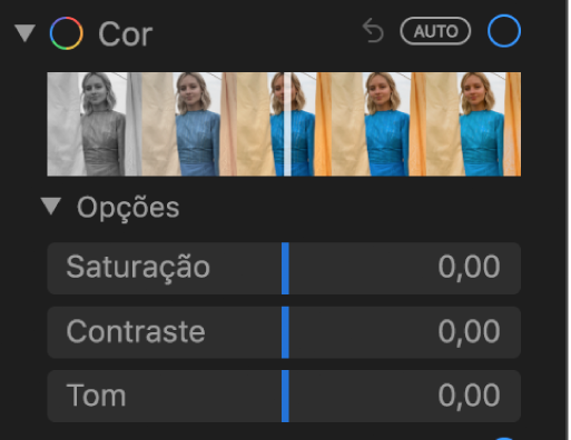 A área Cor do painel Ajustar, com os niveladores de Saturação, Contraste e Tom.