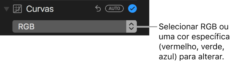 Os controlos de curvas com a opção RGB selecionada no menu pop‑up.