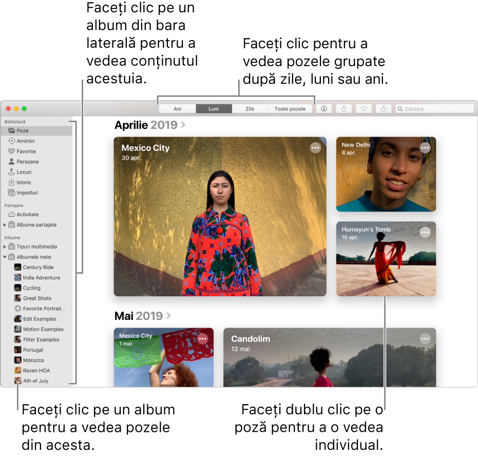 Fereastra Poze afișând pozele organizate după lună.