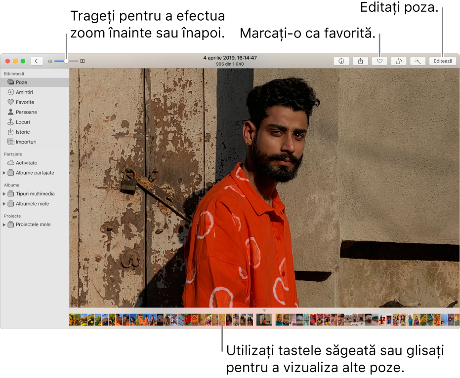 Fereastra Poze afișând în partea dreaptă o poză mărită, având dedesubt un rând de miniaturi. Bara de instrumente din partea de sus include glisorul Zoom, butonul Favorite și butonul Editează.