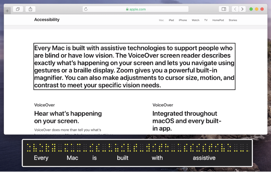 لوحة برايل تعرض ما في مؤشر VoiceOver على صفحة ويب. لوحة برايل تعرض محاكاة لنقاط برايل صفراء، ويظهر نص موافق أسفل النقاط.