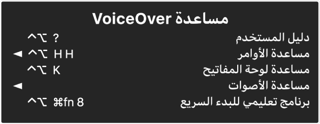 قائمة مساعدة VoiceOver هي لوحة تحتوي على العناصر التالية، من أعلى لأسفل: مساعدة عبر الإنترنت، ومساعدة الأوامر، ومساعدة لوحة المفاتيح، ومساعدة الأصوات، وبرنامج تعليمي للبدء السريع، ودليل الشروع في الاستخدام. على يسار كل عنصر يوجد أمر VoiceOver الذي يقوم بعرض العنصر، أو سهم للوصول إلى قائمة فرعية.