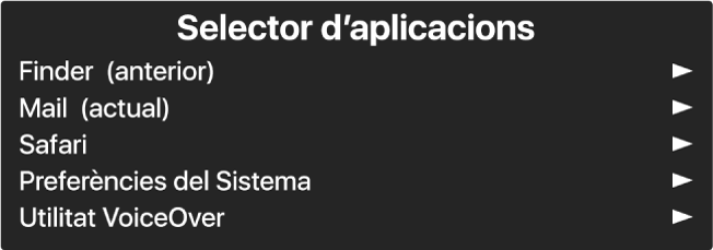 El selector d’aplicacions és un tauler que mostra les aplicacions que estan obertes. A la dreta de cada ítem de la llista hi ha una fletxa.