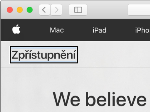 Kurzor VoiceOveru v podobě tmavého pravoúhlého orámování je zaměřen na slovo „Zpřístupnění“ na obrazovce.