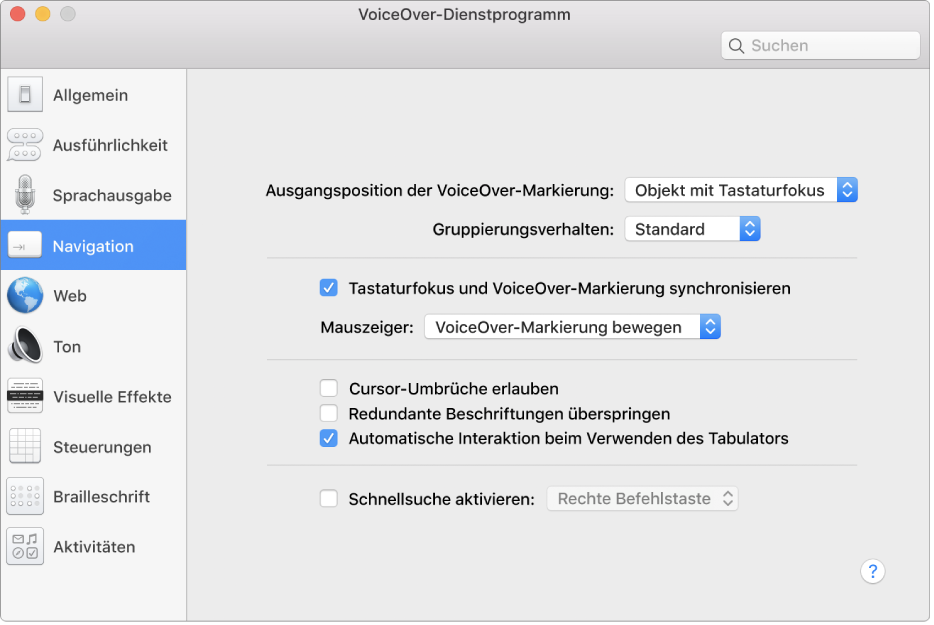 Das Fenster des VoiceOver-Dienstprogramms mit ausgewählter Kategorie „Navigation“ in der Seitenleiste links und den zugehörigen Optionen rechts. Unten rechts im Fenster ist die Hilfetaste, mit der die Hilfethemen der VoiceOver Online-Hilfe mit einer Erklärung für die Optionen angezeigt werden können.