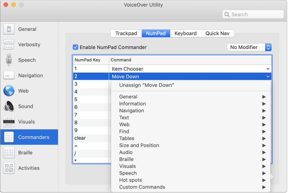 The VoiceOver Utility window showing the Commanders category selected in the sidebar and the NumPad pane selected on the right. At the top of the NumPad pane, the Enable NumPad Commander checkbox is selected. No Modifier is selected from the Modifier pop-up menu. Below the checkbox and pop-up menu is a table with two columns: NumPad Key and Command. The second row is selected and contains 2 in the NumPad Key column and Move Down in the Command column. A pop-up menu below Move Down shows command categories, such as General; each category has an arrow to display commands that can be assigned to the current NumPad key.