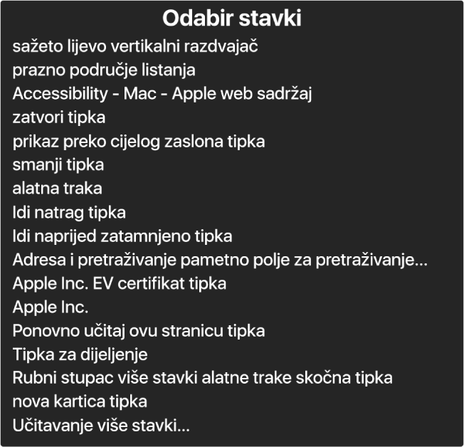 Izbornik stavki je prozor koji između ostalog navodi stavke poput praznog područja za listanje, tipke za zatvaranje, alatne trake i tipke za dijeljenje.