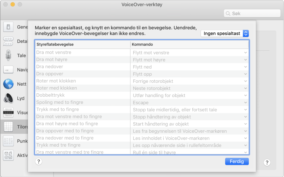 En liste med VoiceOver-bevegelser og tilhørende kommandoer vist i Styreflatetilordner i VoiceOver-verktøy.