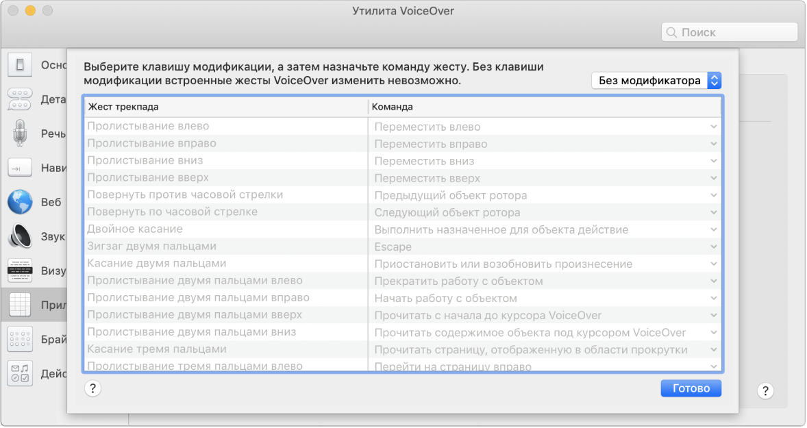 Список жестов VoiceOver и соответствующих команд отображается в окне Trackpad Commander в Утилите VoiceOver.