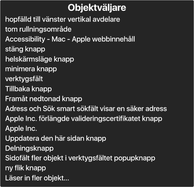 Objektväljaren är en panel med listor över objekt som tomt rullningsområde, stängningsknapp, verktygsfält och delningsknapp med flera.