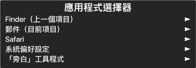 「應用程式選擇器」是會顯示目前開啟之應用程式的面板。每一個列表中項目的右側有一個箭嘴。