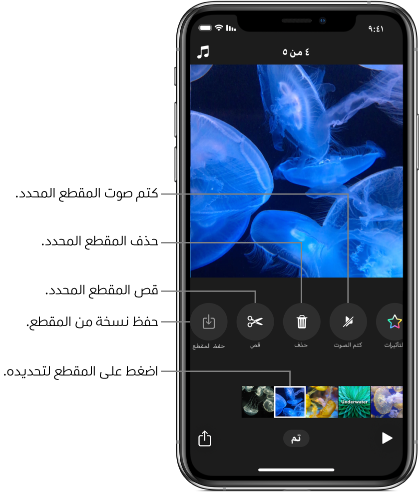 صورة فيديو في العارض، مع صف من المقاطع في الأسفل وأزرار لكتم صوت المقاطع المحددة أو حذفها أو قصها أو حفظها.
