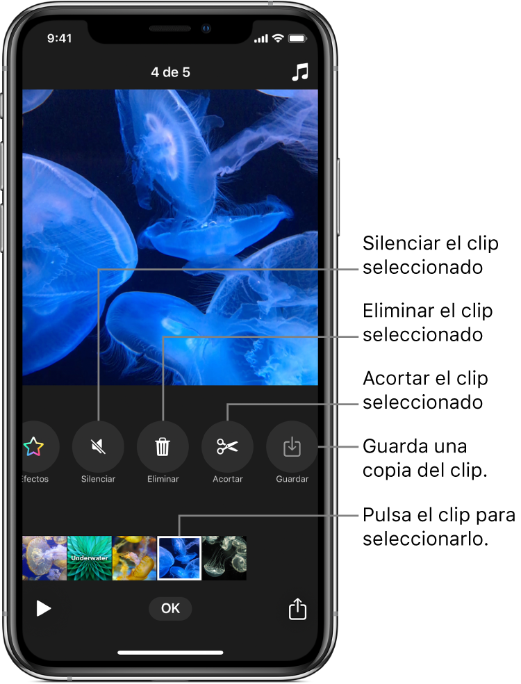La imagen de un vídeo en el visor con una fila de clips debajo y botones para silenciar, eliminar, acortar o guardar el clip seleccionado.
