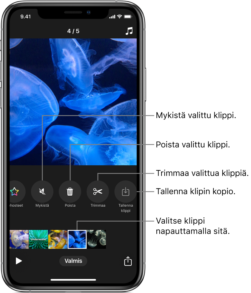 Videokuva katseluikkunassa, alla rivi klippejä ja painikkeet valitun klipin mykistämiselle, poistamiselle, trimmaamiselle ja tallentamiselle.
