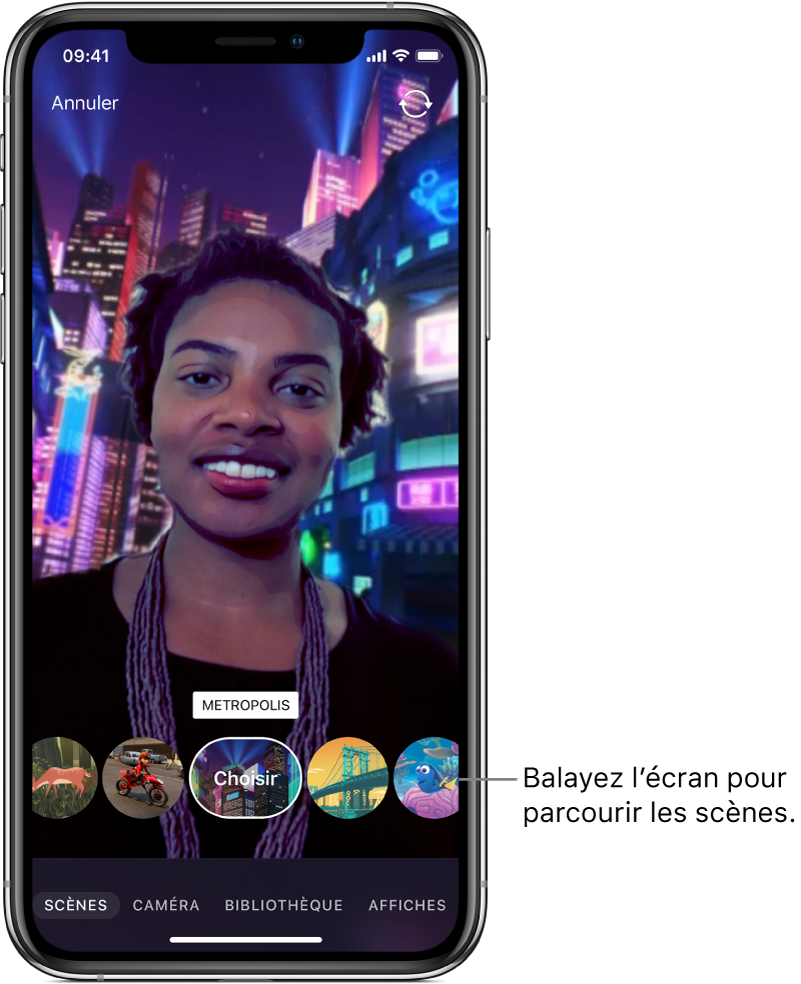 Une scène en selfie dans le visualiseur, avec les options de scène en bas.