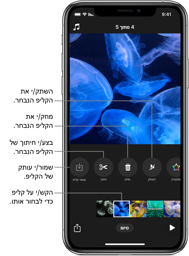 תמונה מתוך סרטון במסך התצוגה ומתחתיו שורת קליפים וכפתורים להשתקה, מחיקה, חיתוך ושמירה של הקליפ הנבחר.
