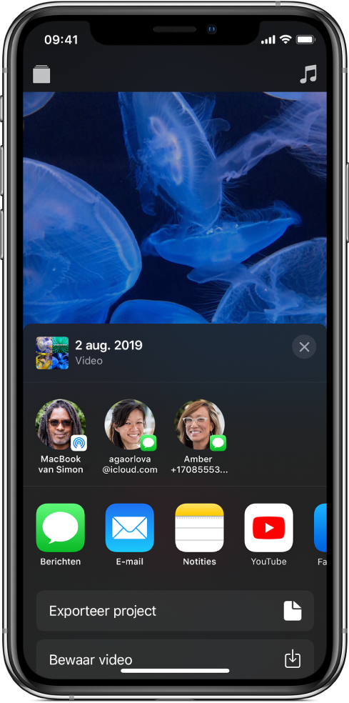 Opties voor delen, met suggesties voor personen met wie je een video kunt delen.