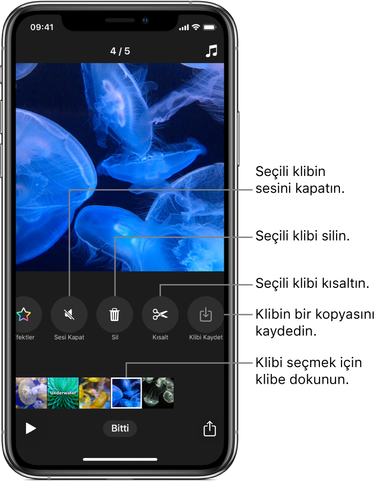 Görüntüleyicide bir video görüntüsü; onun altında bir dizi klip ve seçili klip için sesi kapatma, silme, kısaltma veya kaydetme düğmeleri var.