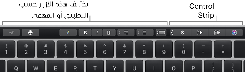 الـ Touch Bar وعليه أزرار تختلف حسب التطبيق أو المهمة على اليسار والـ Control Strip المطوي على اليمين.