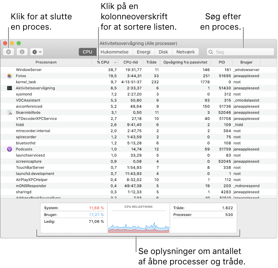 Vinduet Aktivitetsovervågning, som viser CPU-aktivitet. Hvis du vil afbryde en process, skal du klikke på knappen Afbryd øverst til venstre. Sorter data efter en kolonne ved at klikke på en kolonneoverskrift. Du søger efter en proces ved at skrive dens navn i søgefeltet. Se oplysninger om antal åbne processer og tråde nederst i vinduet.