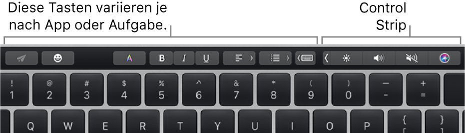 Die Touch Bar mit Tasten, die je nach App oder Aufgabe variieren, befindet sich links und der reduzierte Control Strip rechts.