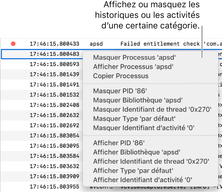 Une fenêtre Console partielle avec le menu contextuel pour vous permettre de masquer ou d’afficher les journaux ou les activités qui remplissent les critères indiqués.