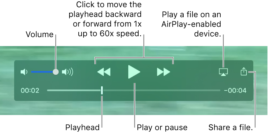 Controls for volume, rewind, play, fast-forward, and sharing.