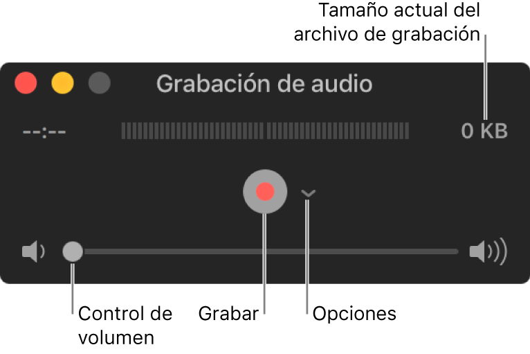 La ventana "Grabación de audio" con el botón Grabar, el menú desplegable Opciones en el centro de la ventana y el control de volumen en la parte inferior.