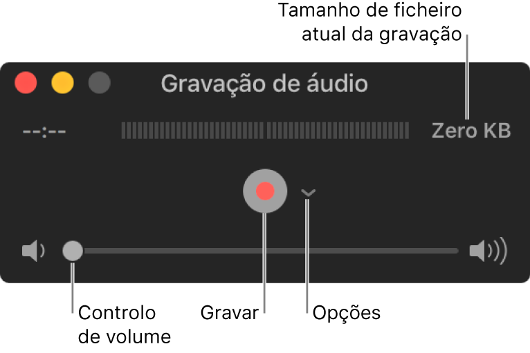 A janela “Gravação de áudio” com o botão Gravar e o menu pop-up Opções no centro da janela e o controlo de volume na parte inferior.