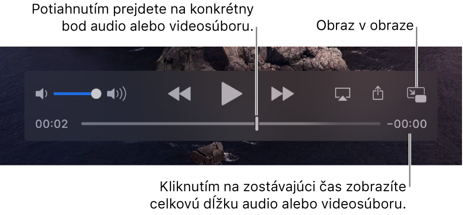 Ovládacie prvky prehrávania v aplikácii QuickTime Player. Pozdĺž hornej časti sú ovládanie hlasitosti, tlačidlo Prevíjanie dozadu, tlačidlo Prehrať/pozastaviť a tlačidlo Prevíjanie dopredu. V dolnej časti sa nachádza indikátor prehrávania, ktorý môžete potiahnuť a premiestniť sa tak na konkrétne miesto v súbore. Zostávajúci čas súboru sa zobrazuje vpravo dole.