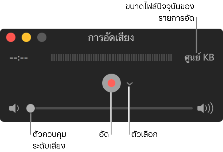 หน้าต่างการอัดเสียงที่มีปุ่มอัดและเมนูตัวเลือกที่แสดงขึ้นตรงกึ่งกลางหน้าต่าง และตัวควบคุมระดับเสียงที่ด้านล่างสุด