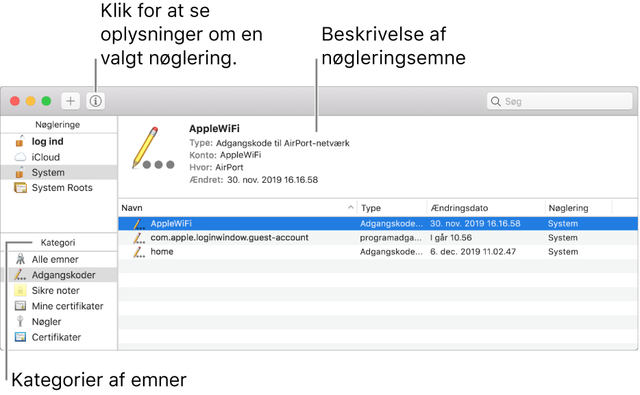 Vinduet Hovednøglering. Øverst til venstre er en liste over dine nøgleringe. Derunder er en liste over emnekategorier i den valgte nøglering (f.eks. Adgangskoder og Sikre noter). Nederst til højre er en liste over emner i den valgte kategori, og over listen over emner er en beskrivelse af det valgte emne.