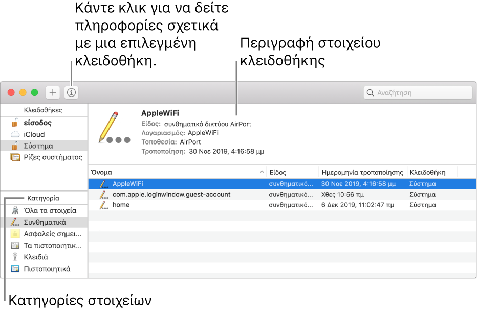 Παράθυρο της Πρόσβασης στην κλειδοθήκη. Πάνω αριστερά υπάρχει μια λίστα με τις κλειδοθήκες σας. Από κάτω υπάρχει μια λίστα κατηγοριών στοιχείων στην επιλεγμένη κλειδοθήκη (όπως Συνθηματικά και Ασφαλείς σημειώσεις). Κάτω δεξιά υπάρχει μια λίστα με στοιχεία της επιλεγμένης κατηγορίας και πάνω από τη λίστα των στοιχείων υπάρχει μια περιγραφή του επιλεγμένου στοιχείου.