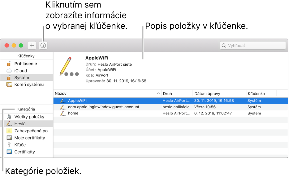 Okno aplikácie Kľúčenka. V ľavom hornom rohu je zoznam vašich kľúčeniek. Pod ním sa nachádza zoznam kategórií položiek vo vybranej kľúčenke (napríklad Heslá a Zabezpečené poznámky). V pravom dolnom rohu je zoznam položiek vo vybranej kategórii a nad zoznamom položiek je popis označenej položky.