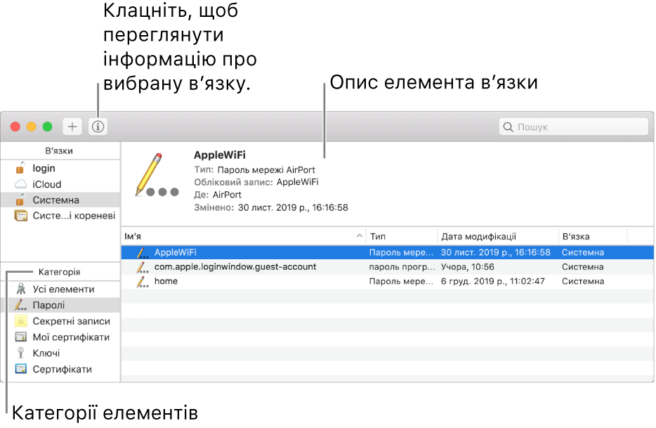 Вікно Ключаря. Зліва вгорі знаходиться список ваших в’язок; під ним відображено список категорій елементів у вибраній в’язці (таких як Паролі та Секретні записи). Справа внизу відображено список елементів у вибраній категорії, а над ним — опис вибраного елемента.