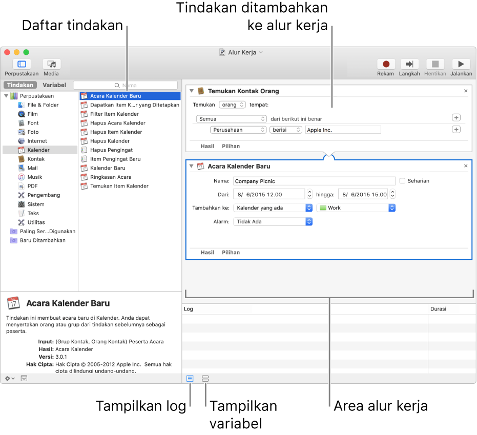 Jendela Automator. Perpustakaan muncul di kiri jauh, dan berisi daftar app yang disediakan tindakan oleh Automator. App Kalender dipilih di daftar, dan tindakan yang tersedia di Kalender tercantum di kolom kanan. Di sisi kanan jendela terdapat alur kerja yang telah ditambahkan dengan tindakan Kalender ke dalamnya.