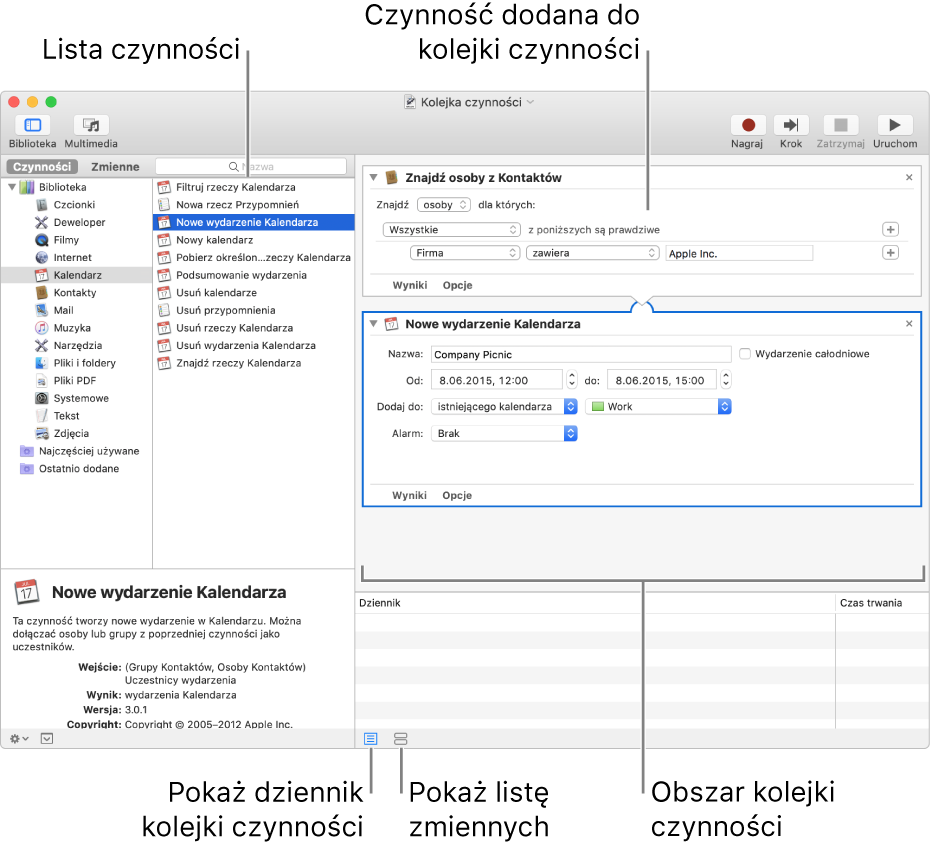 Okno Automatora. Po lewej stronie znajduje się Biblioteka i zawiera listę aplikacji, do których Automator dostarcza czynności . Na liście zaznaczony jest Kalendarz, a czynności dostępne w Kalendarzu znajdują się na liście w kolumnie po prawej stronie. Po prawej stronie okna jest kolejka czynności z dodaną jedną czynnością Kalendarza.