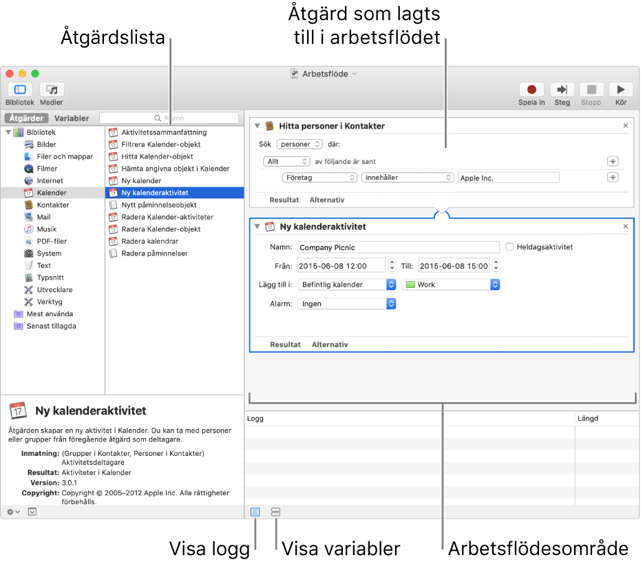 Automator-fönstret. Biblioteket visas längst till vänster och innehåller en lista över program som Automator har åtgärder för. Programmet Kalender är valt i listan, och de åtgärder som är tillgängliga i Kalender visas i kolumnen till höger. Till höger i fönstret finns ett arbetsflöde som en Kalender-åtgärd har lagts till i.