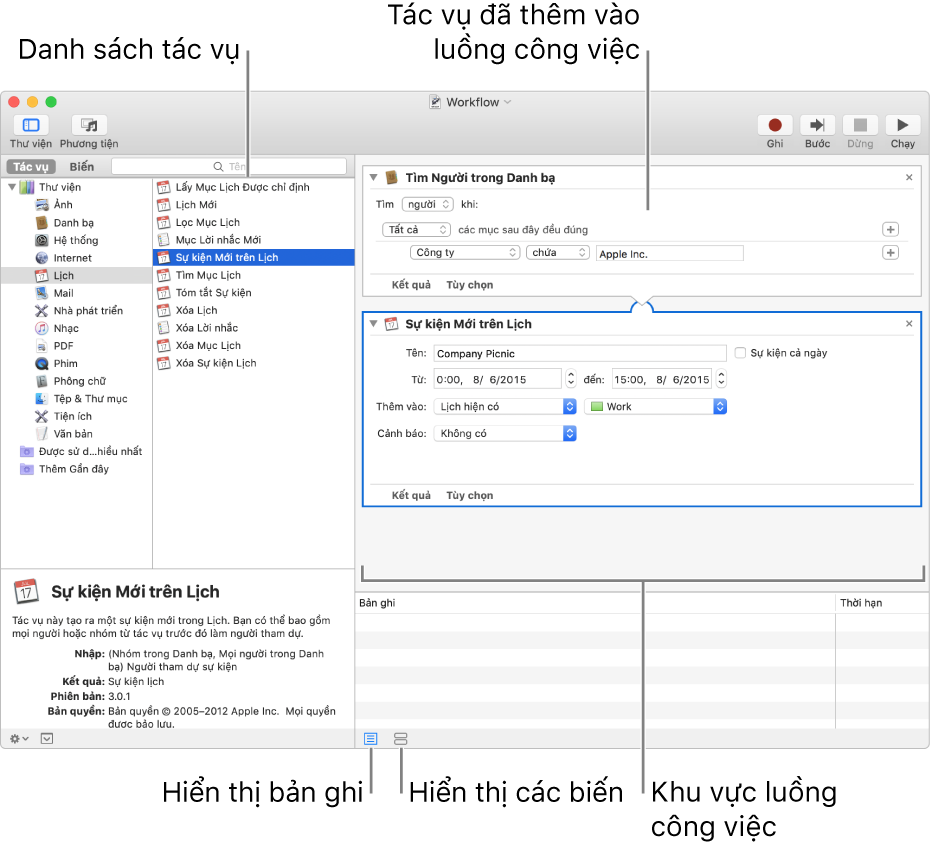 Cửa sổ Automator. Thư viện xuất hiện ở phía xa bên trái và chứa danh sách các ứng dụng mà Automator cung cấp các tác vụ. Ứng dụng Lịch được chọn trong danh sách và các tác vụ có sẵn trong Lịch được liệt kê ở cột bên phải. Ở bên phải của cửa sổ là luồng công việc có tác vụ Lịch được thêm vào.