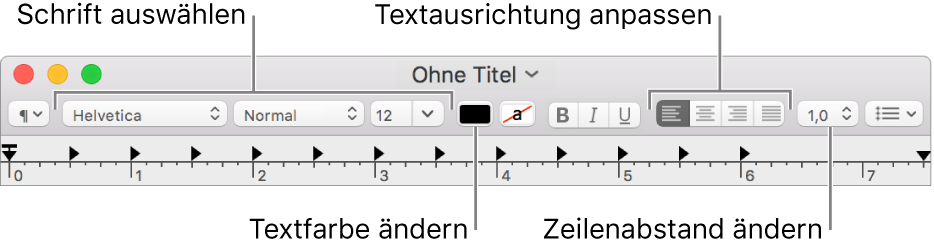 Die TextEdit-Symbolleiste für ein Textdokument mit formatiertem Text mit Schrift- und Textausrichtung und Absatzsteuerelementen