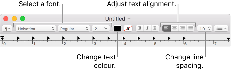 The TextEdit toolbar for a rich text document, showing the font and text alignment and spacing controls.