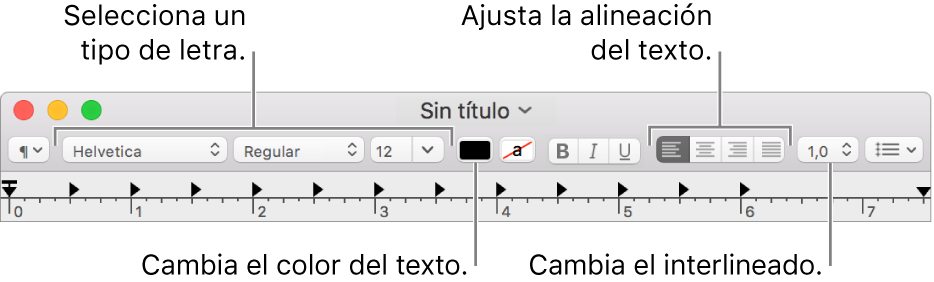 La barra de herramientas de TextEdit para un documento de texto enriquecido (RTF), mostrando los controles del tipo de letra y alineación y espaciado de texto.