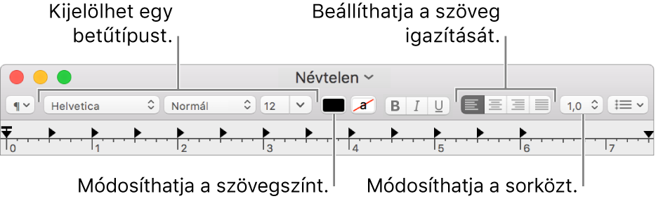 A Szövegszerkesztő menüsora rich text dokumentum esetén, a betűtípus és a szövegigazítás, valamint a térköz vezérlőivel.