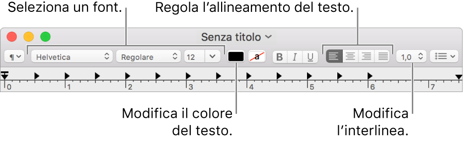 La barra degli strumenti di TextEdit per i documenti RTF che mostra i controlli di allineamento e spaziatura.