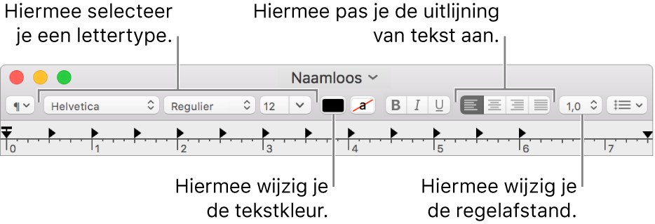 De knoppenbalk van Teksteditor voor een RTF-document met daarin regelaars voor het lettertype, de tekstuitlijning en de afstand.