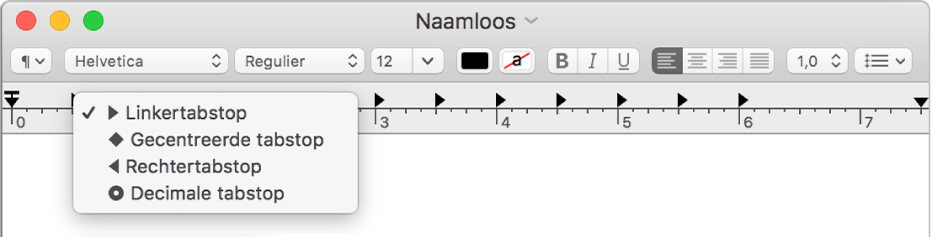 De liniaal met de opties voor tabstops.