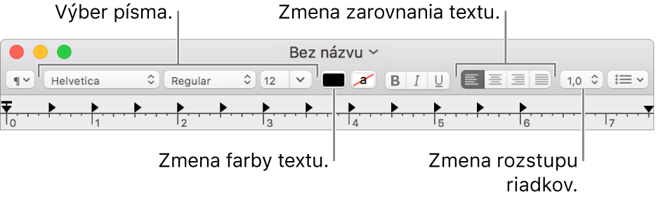 Panel s nástrojmi aplikácie TextEdit pre dokument s formátovaným textom zobrazujúci ovládanie písma, zarovnania textu a rozstupu.