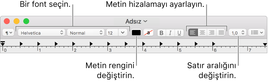 Font ve metin hizalamasını ve aralık denetimlerini gösteren zengin metin belgesinin TextEdit araç çubuğu.