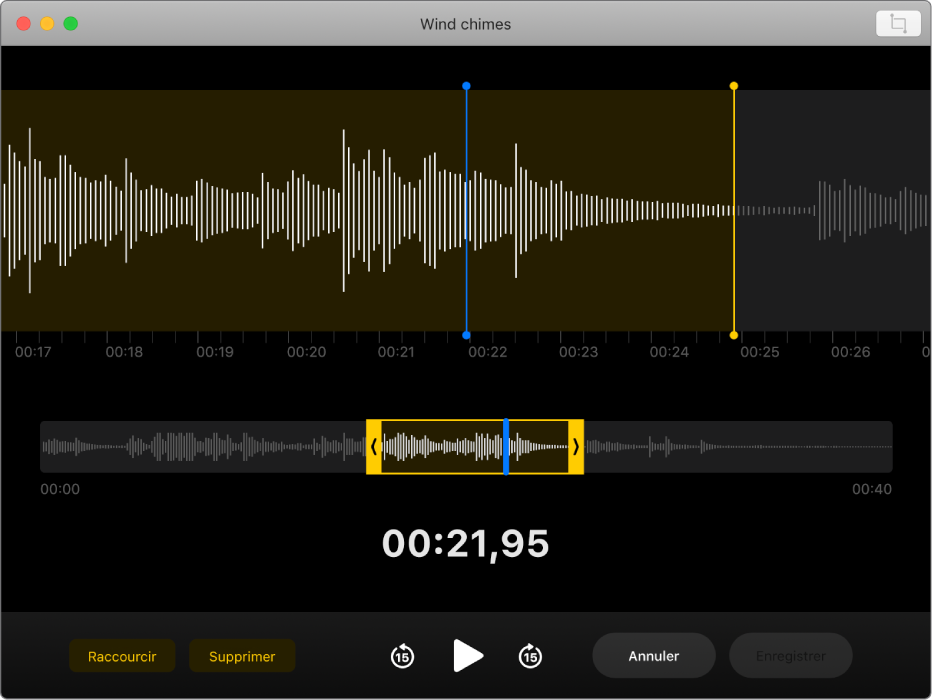 Un mémo vocal en cours de modification dans la fenêtre de Dictaphone.